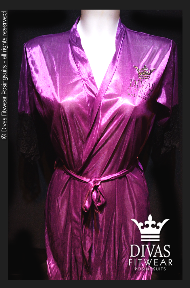 Divas Fitwear Satin Backstage Robe - Black Glitter on Purple