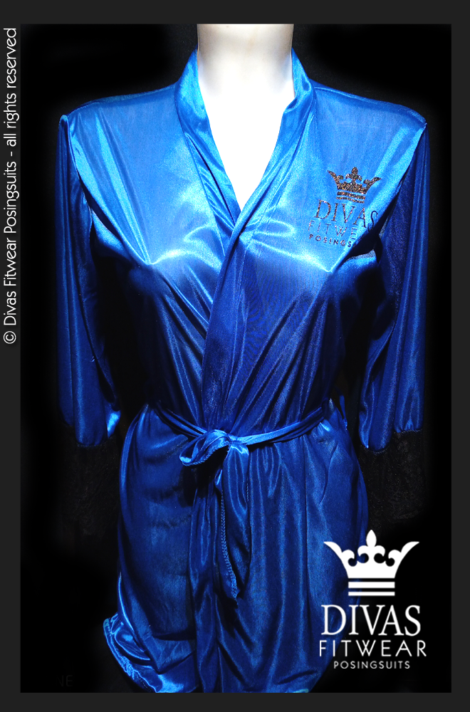 Divas Fitwear Satin Backstage Robe - Black Glitter on Royal Blue