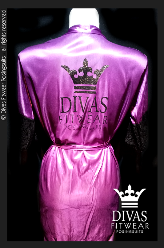 Divas Fitwear Satin Backstage Robe - Black Glitter on Purple