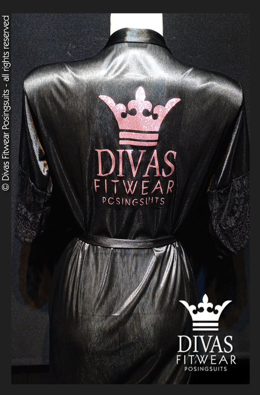 Divas Fitwear Satin Backstage Robe - Pink Glitter on Black