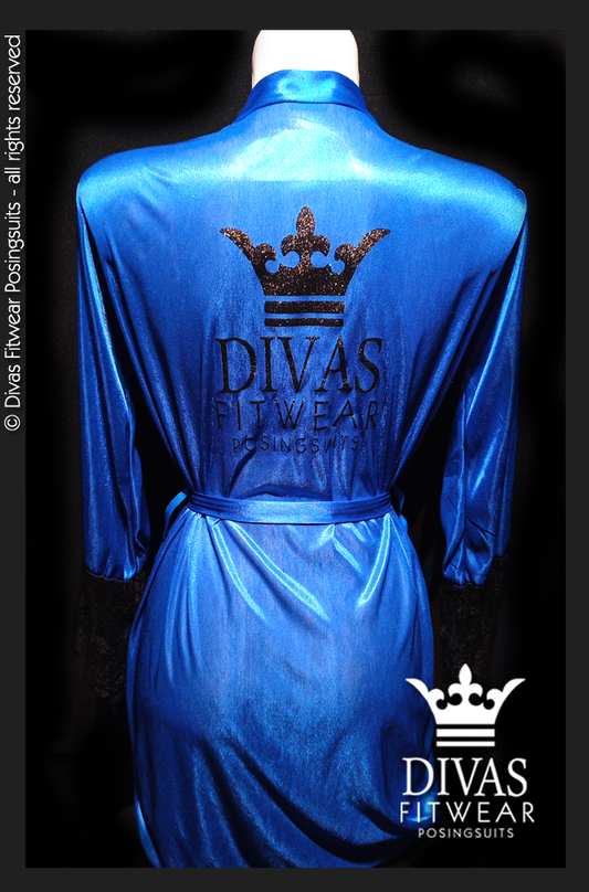 Divas Fitwear Satin Backstage Robe - Black Glitter on Royal Blue